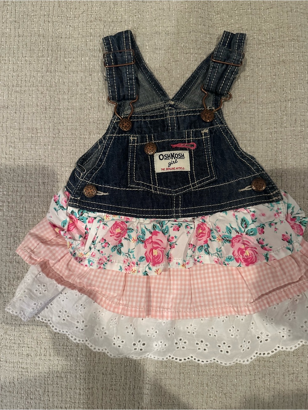 OshKosh B'gosh Denim Ruffle Overall Dress - Pink, White, Blue Size 6M